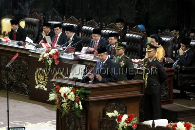 Presiden SBY saat menyampaikan pidato kenegaraan dalam rangka HUT ke-68 Proklamasi Kemerdekaan Indonesia di Jakarta. Foto: SGP