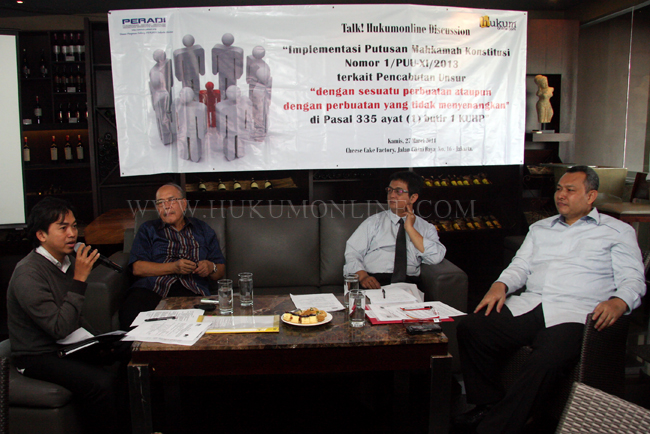 Acara Talk! Hukumonline terkait Putusan MK Pengujian Pasal 335 ayat (1) KUHP, Jakarta. Foto: RES