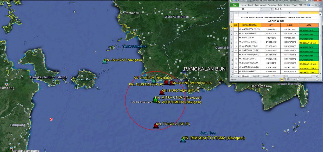 Peta lokasi ditemukan kepingan Air Asia QZ 8501. Foto: www.kemenhub.go.id