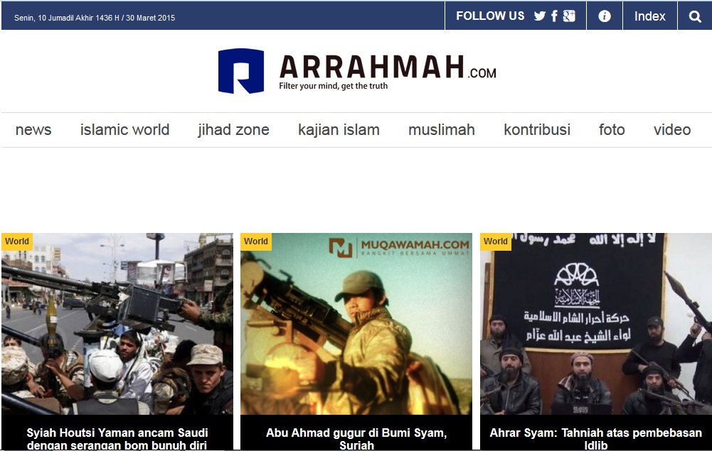 Salah satu website yang diblokir Kominfo. Foto: www.arrahmah.com (screenshot) 