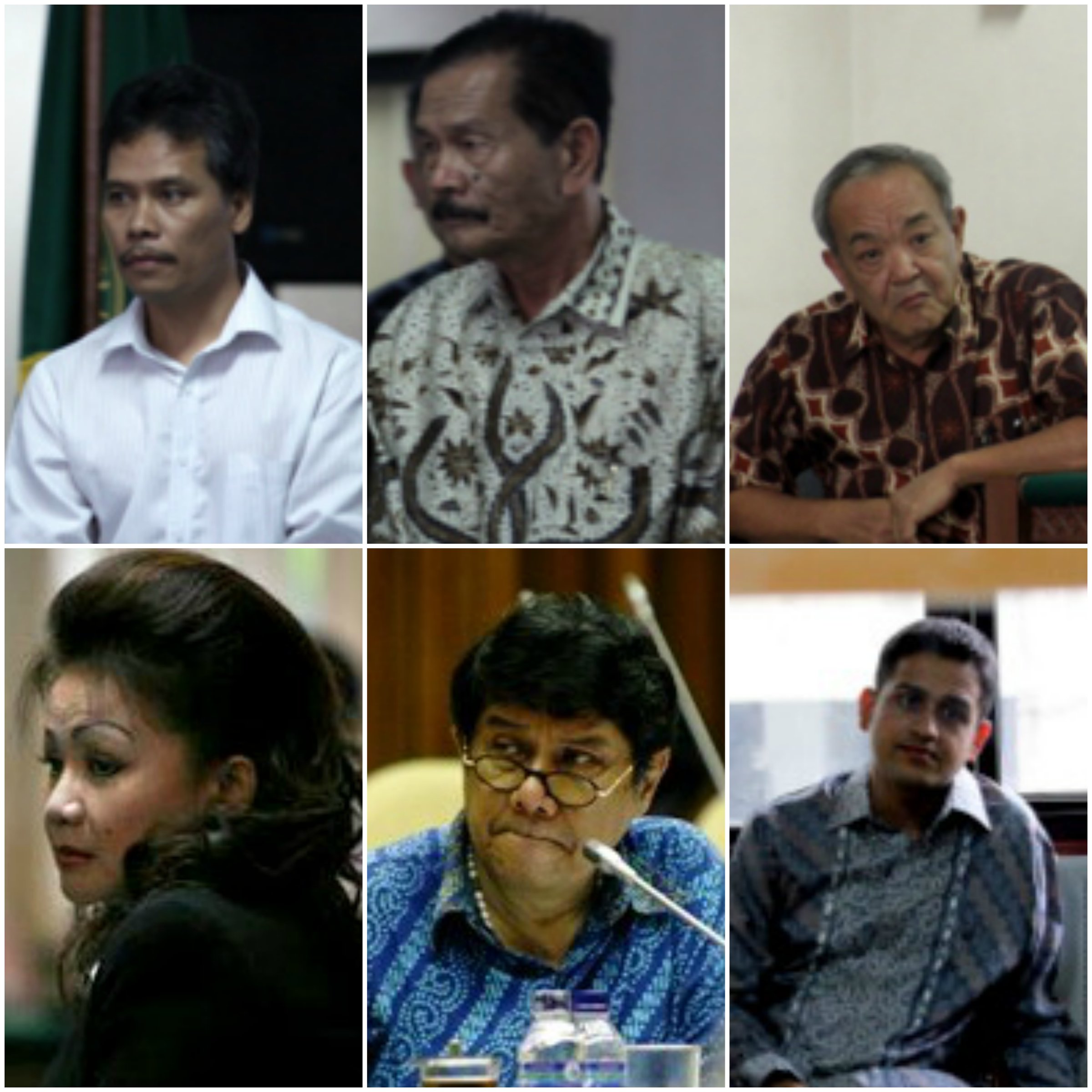 Searah jarum jam: Adner Sirait, DL Sitorus, Anggodo Widjojo, M Nazaruddin, Aulia Pohan, dan Arthalyta Suryani. Foto: SGP