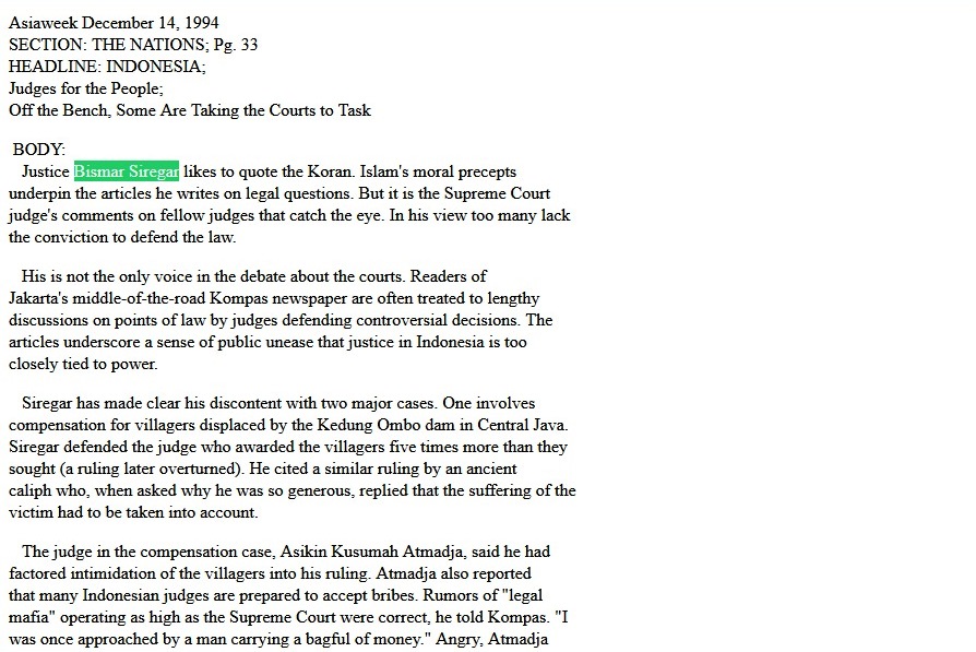 Kutipan artikel Asiaweek tentang Bismar Siregar. Foto: https://www.library.ohiou.edu