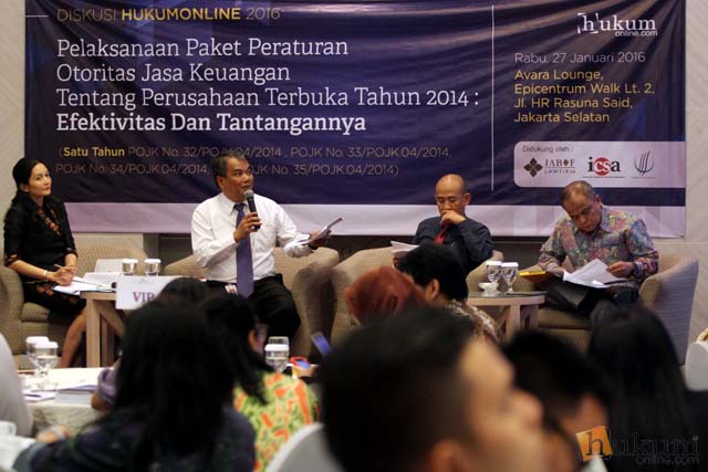 Diskusi Hukumonline â€œPelaksanaan Paket POJK tentang Perusahaan Terbuka: Efektivitas dan Tantangannyaâ€ di Jakarta. Foto: RES