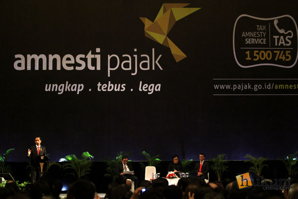 Presiden Jokowi saat membuka acara sosialisasi UU Pengampunan Pajak atau Tax AMnesty. Foto: RES
