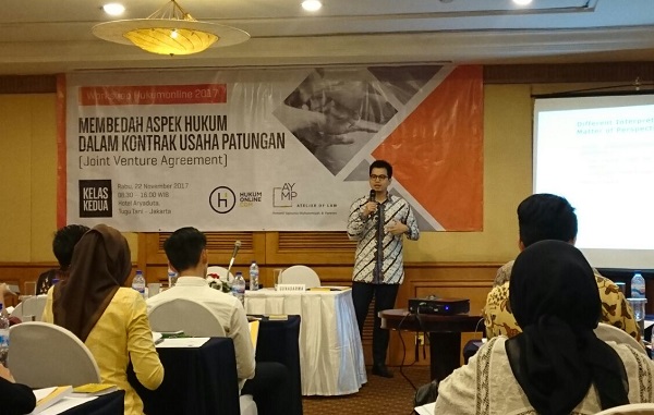  Workshop Hukumonline 2017 bertema Membedah Aspek Hukum dalam Kontrak Usaha Patungan atau Joint Venture Agreement (JVA) di Jakarta, Rabu (22/11). Foto: AID