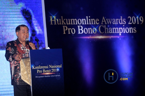 Kepala Badan Pembinaan Hukum Nasional (BPHN), Benny Riyanto, dalam pembukaan Konferensi Nasional Pro Bono dan Hukumonline Awards 2019 Pro Bono Champions, Rabu (11/12), di Jakarta. Foto: RES