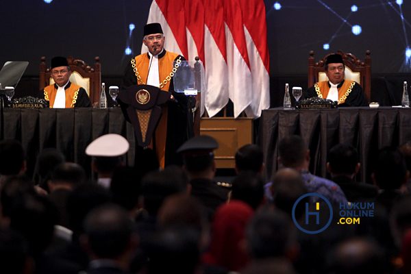 Ketua MA M. Hatta Ali saat Penyampaian Laporan Tahunan MA Tahun 2019 di Jakarta Convention Center, Rabu (26/2). Foto: RES