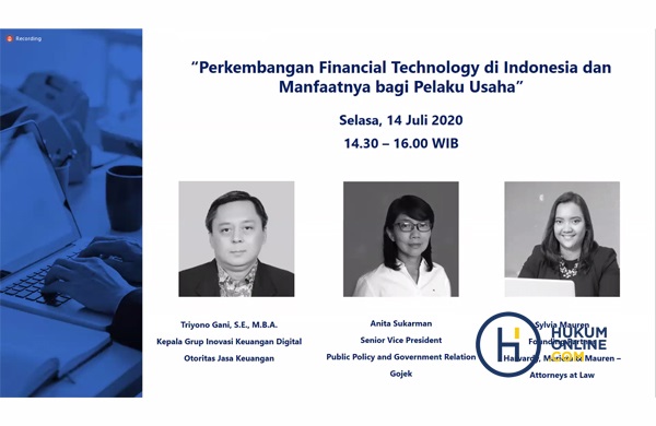 Webinar HUT ke-20 Hukumonline bertema â€œPerkembangan Fintech di Indonesia dan Manfaatnya bagi Pelaku Usahaâ€, Selasa (14/7). Foto: RES