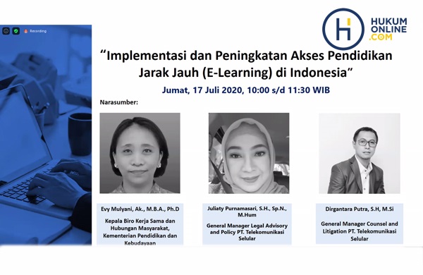Webinar Hukumonline bertema Implementasi dan Peningkatan Akses Pendidikan Jarak Jauh (e-Learning) di Indonesia, Jumat (17/7). Foto: RES