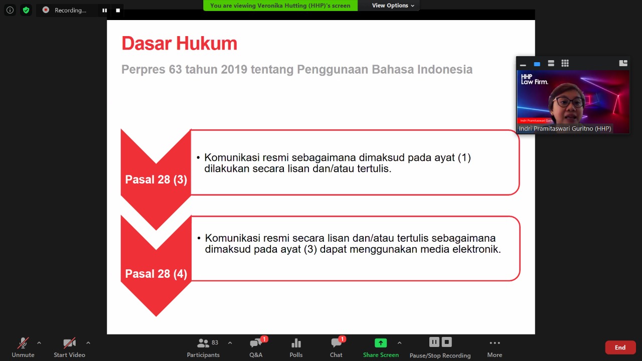 Webinar Hukumonline Praktik Penggunaan Bahasa Indonesia dalam Kontrak Komersial oleh Ibu Indri P. Guritno - Partner HHP (22/09/2020)