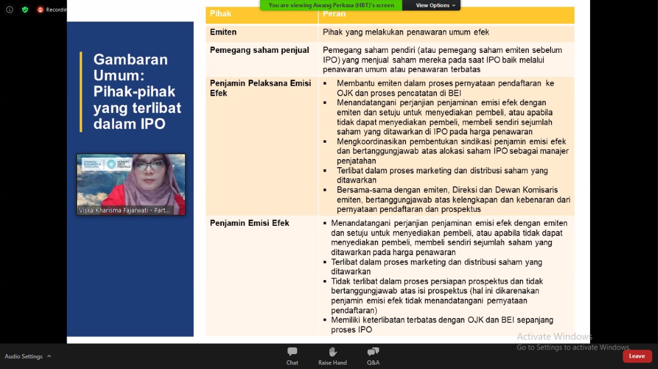 Pemaparan Materi dalam Webinar Webinar Pendekatan Hukum Strategi dalam Persiapan dan Prosedur IPO (Initial Public Offering) di Indonesia dari Viska Kharisma Fajarwati selaku Partner, HBT Law Firm (26/10/2020)