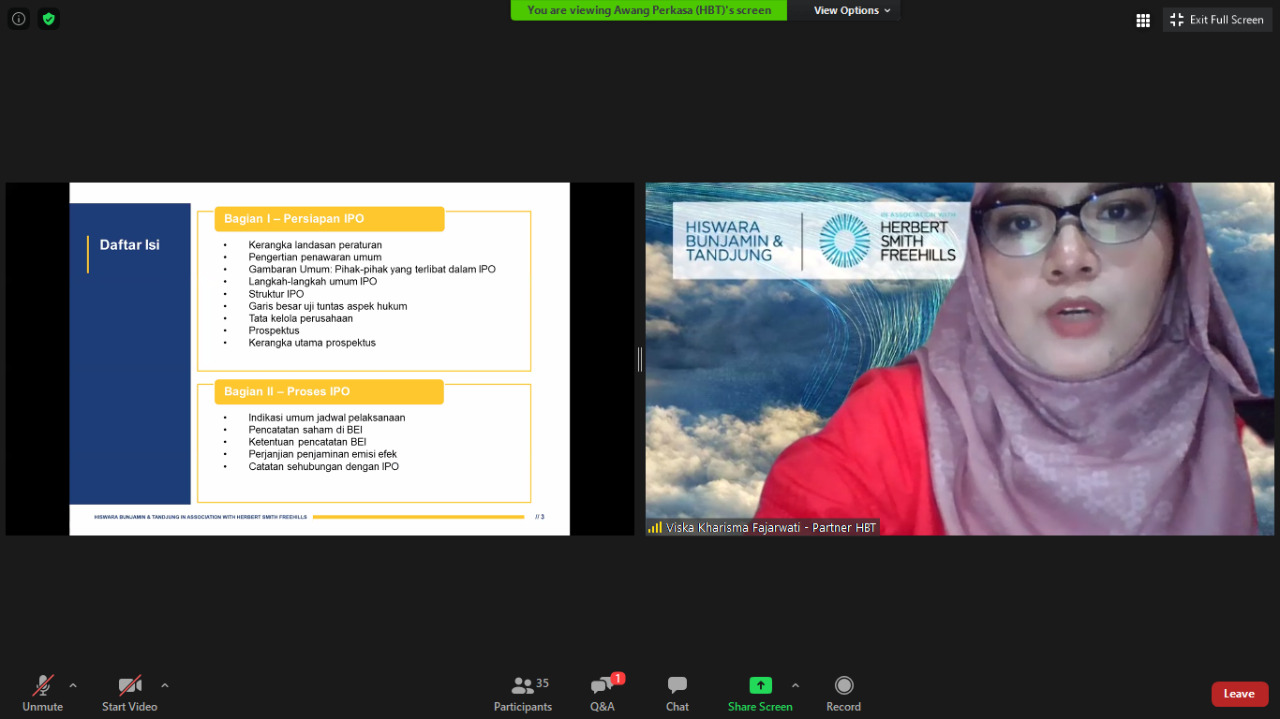 Pemaparan Materi dalam Webinar Webinar Pendekatan Hukum Strategi dalam Persiapan dan Prosedur IPO (Initial Public Offering) di Indonesia dari Ibu Viska Kharisma Fajarwati selaku Partner, HBT Law Firm (26/10/2020)