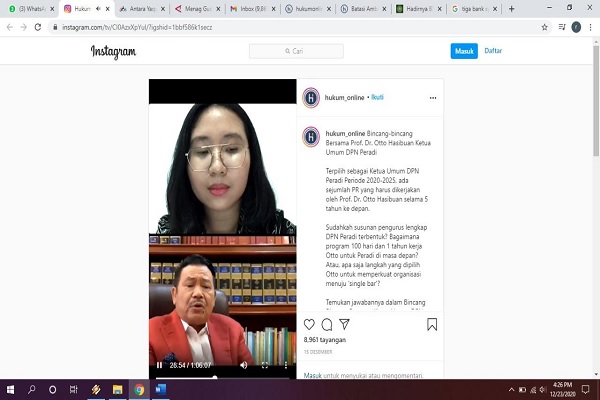 Ketua Umum DPN Peradi Otto Hasibuan saat live Instagram Hukumonline. Foto: RFQ