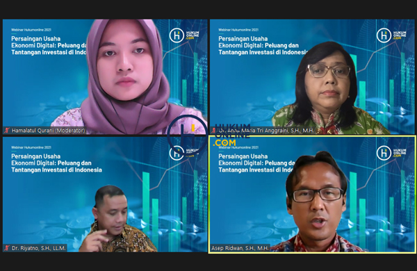Hukumonline menggelar webinar dengan mengangkat tema Persaingan Usaha Ekonomi Digital: Peluang dan Tantangan Investasi di Indonesia, Selasa (19/1). Foto: RES