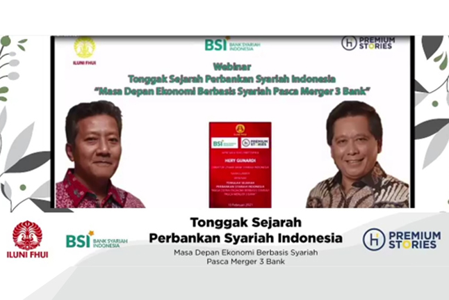 ILUNI FHUI bersama Bank Syariah Indonesia dan Hukumonline menggelar webinar bertema Tonggak Sejarah Perbankan Syariah Indonesia: Masa Depan Ekonomi Berbasis Syariah Pasca Merger 3 Bank, Rabu (10/2).