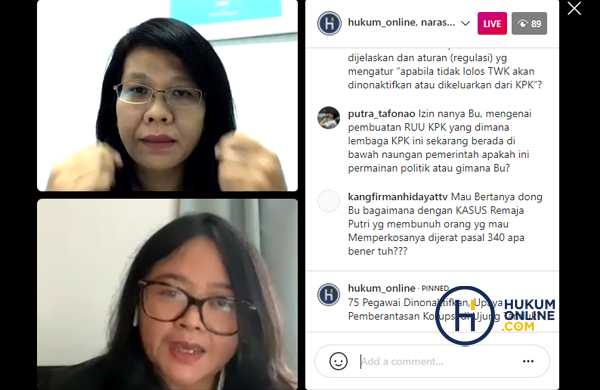 Gita Putri Damayana, Direktur Eksekutif Pusat Studi Hukum dan Kebijakan Indonesia (PSHK) (bawah) saat menjadi pembicara di acara diskusi yang diadaakan oleh hukumonline dengan mengangkat tema  '75 Pegawai KPK Dinonaktifkan, Upaya Pemberantasan Korupsi di Ujung Tanduk?