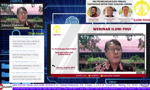 Diskusi online Ikatan Alumni Fakultas Hukum Universitas Indonesia (ILUNI FHUI) bertema Era Pelindungan Data Pribadi: Tantangan untuk Para Sarjana Hukum, Kamis (24/6).