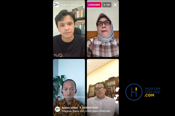 Sejumlah narasumber dalam Live Instagram Hukumoline bertajuk 'Integrasi Bisnis dan HAM dalam RANHAM: Bagaimana Kaitannya Dengan Strategi Nasional Bisnis dan HAM Indonesia?', Kamis (15/7/2021). Foto: RES