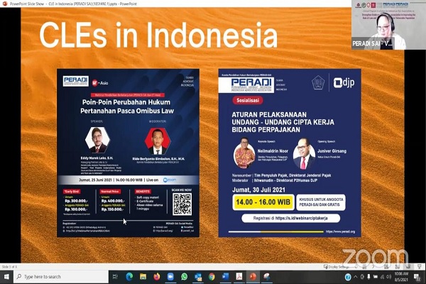Ketua Komite Pendidikan Berkelanjutan DPN Peradi SAI, Dewi Savitri Reni saat memaparkan materi dalam webinar dengan topik 'Strengthening Quality Through a Continuing Legal Education (CLE)', Kamis (5/8/2021). Foto: ADI 