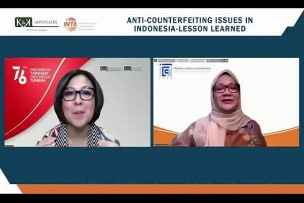 Vice President Indonesian Corporate Counsel Association (ICCA) Yanne Sukmadewi (kanan) saat Webinar Anti Counterfeiting Issues In Indonesia-Lesson Learned, Kamis (2/9/2021). Foto: FNH