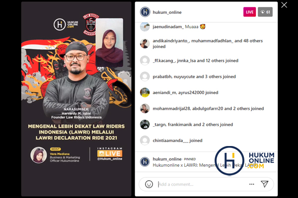 Founder Lawri Harvardy M Iqbal dalam Instagram Live Hukumonline bertajuk 'Mengenal Lebih Dekat Law Riders Indonesia melalui Lawri Declaration Ride 2021', Rabu (27/10/2021). Foto: RES