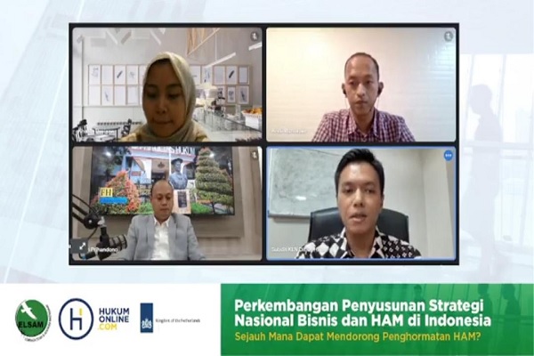 Sejumlah narasumber dalam diskusi daring bertajuk 'Perkembangan Penyusunan Strategi Nasional Bisnis dan HAM di Indonesia', Kamis (11/11/2021). Foto: ADI 