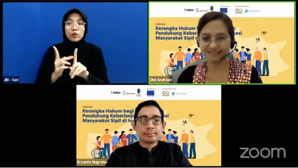 Webinar bertema Kerangka Hukum Bagi Lingkungan Pendukung Keberlanjutan Organisasi Masyarakat Sipil di Indonesia, Jumat (12/11).