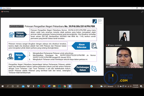 Senior Associate Siregar Setiawan Manalu Partnership, Andry Nugraha dalam webinar Hukumonline Bootcamp 2021 dengan topik 'Mekanisme dan Strategi Penyelesaian Sengketa Perdata bagi Korporasi', Kamis (24/11/2021). Foto: CR-28
