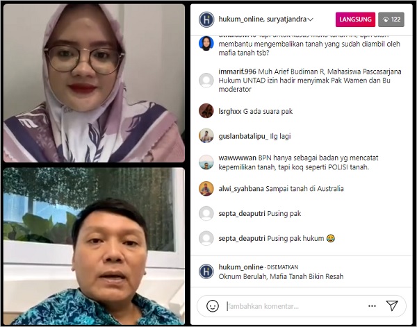 Acara Instagram Hukumonline Headline Talks bertajuk Oknum Berulah, Mafia Tanah Bikin Resah, Senin (29/11). 