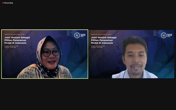 Acara Webinar Hukumonline bertajuk Joint Venture Sebagai Pilihan Penanaman Modal di Indonesia, Senin (24/1). Foto: HOL