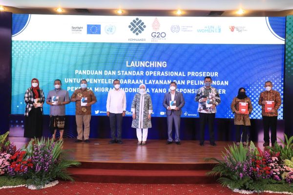 Peluncuran buku Panduan Teknis Penyelenggaraan Layanan dan Pelindungan PMI yang Responsif Gender yang diselenggarakan ILO Jakarta dan Jaringan Buruh Migran (JBM) di Jakarta.