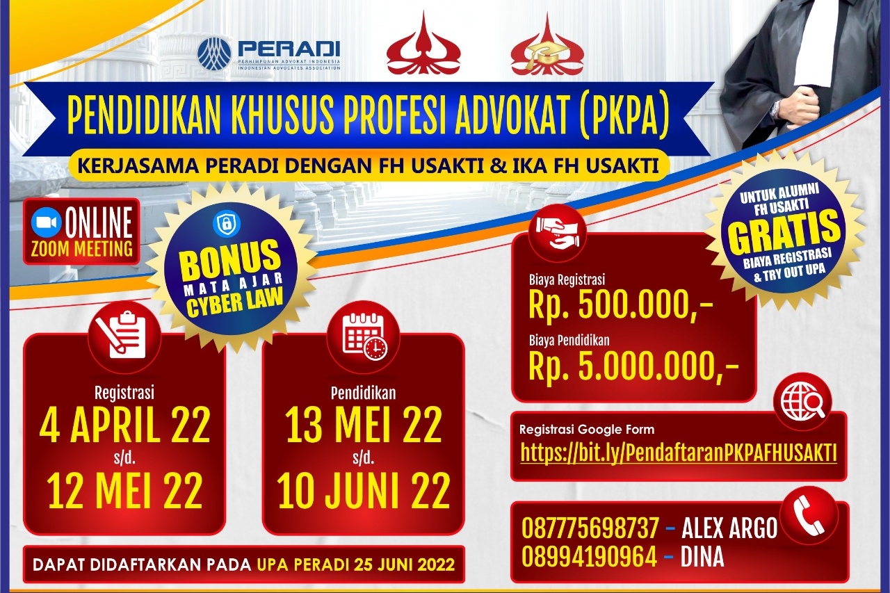 Informasi pendaftaran PKPA IKA FH USAKTI bersama PERADI. Foto: Istimewa. 