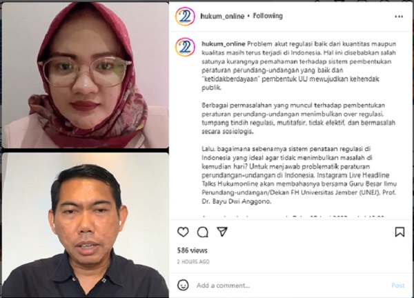 Acara Instagram Live Headline Talks Hukumonline bertema Problem dan Solusi Penataan Regulasi di Indonesia. Foto: MJR