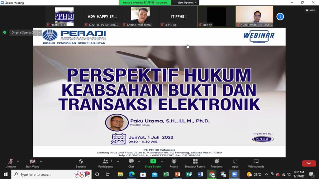 Webinar Peradi bertema 'Perspektif Hukum Keabsahan Bukti dan Transaksi Elektronik' pada Jumat (1/7). Foto: istimewa. 