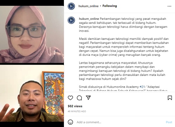 Acara Instagram Live Hukumonline Academy, bertema Adaptasi Teknologi di Bidang Hukum Sebuah Keharusan?, Rabu (10/8). Foto: WIL