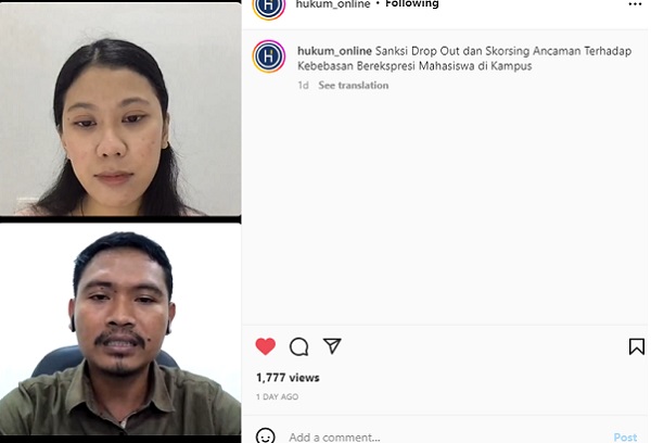 Acara Instagram Live Hukumonline, dengan tema Sanksi Drop Out dan Skorsing: Ancaman terhadap Kebebasan Berekspresi Mahasiswa di Kampus, Kamis (18/8). Foto: WIL