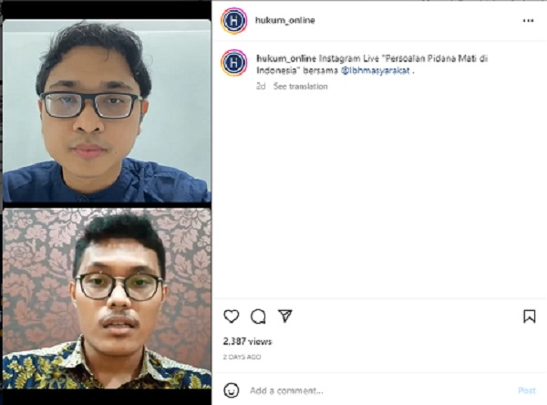 Acara Instagram Live Hukumonline bertema Persoalan Pidana Mati di Indonesia, Selasa (13/9). Foto: WIL