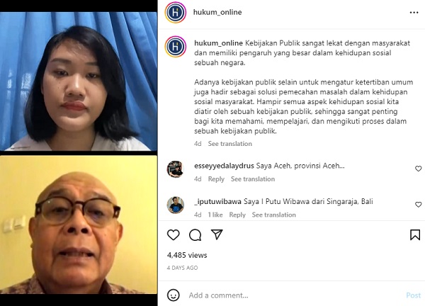 Acara Instagram Live Hukumonline yang mendiskusikan soal kebijakan publik. Foto: WIL