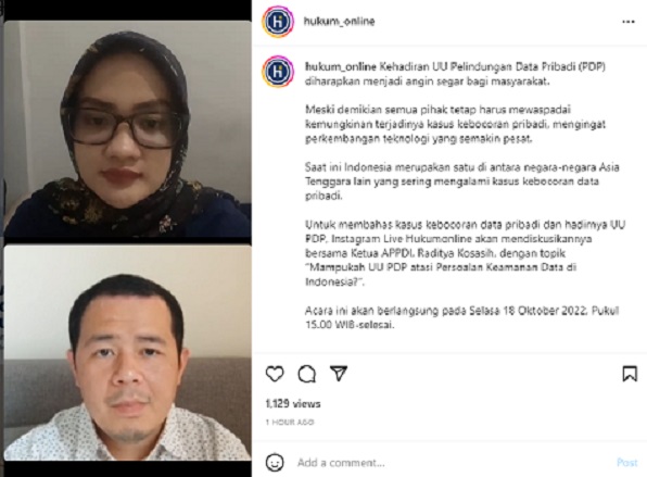 Acara Instagram Live Hukumonline bertema Mampukah UU PDP atasi Persoalan Keamanan Data di Indonesia? pada Selasa (18/10). Foto: MJR
