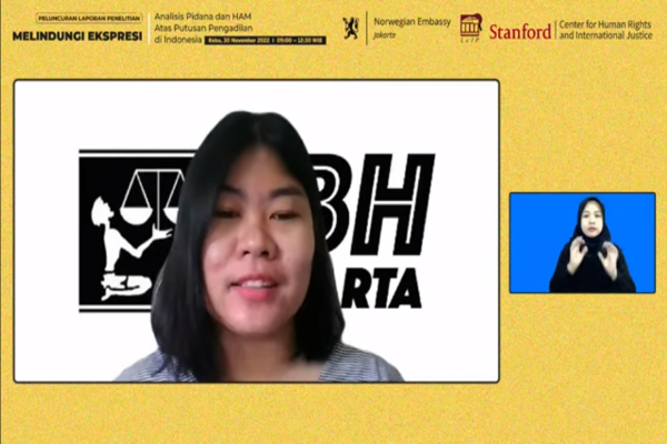 Pengacara Publik LBH Jakarta Citra dalam webinar peluncuran laporan penelitian berjudul 'Melindungi Ekspresi: Analisis Pidana dan HAM atas Putusan Pengadilan di Indonesia', Rabu (30/11/2022).