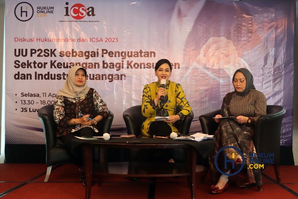 Acara diskusi yang diselenggarakan Hukumonline dan Indonesia Corporate Secretary Association (ICSA) dengan tema UU P2SK sebagai Penguatan Sektor Keuangan bagi Konsumen dan Industri Keuangan, Selasa (11/4). Foto RES