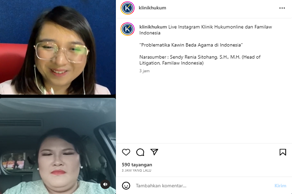Head of Litigation Familaw Indonesia Sendy Renia Sitohang (bawah) saat menjadi narasumber dalam Instagram Live Hukumonline pada Jumat (5/5/2023) kemarin. Foto: JAN