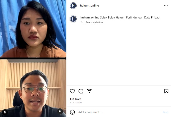 Bincang-bincang mengenai perlindungan data pribadi di Instagram Live Hukumonline bersama pengurus APPDI, Brahmantyo Suryo Satwiko. Jumat (18/8). Foto: WIL
