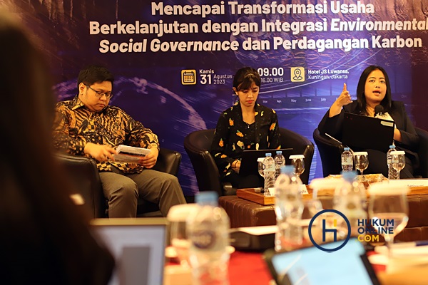  Diskusi bertema Mencapai Transformasi Usaha Berkelanjutan dengan Integrasi Environmental Social Governance dan Perdagangan Karbon di Jakarta, Kamis (31/8/2023). Foto: RES
