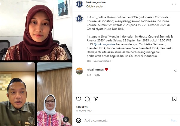 Instagram Live Hukumonline bertajuk Menuju Indonesian In-House Counsel Summit & Awards 2023, Selasa (26/9). Foto: FKF
