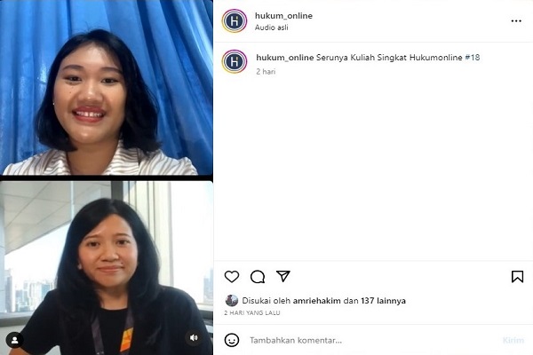 Knowledge Management Manager dan Editor Firma Hukum AHP, Olivia Kuntjoro Jakti (bawah), dalam diskusi daring di kanal IG hukumonline, Jumat (29/9/2023) pekan kemarin. Foto: tangkapan layar Instagram