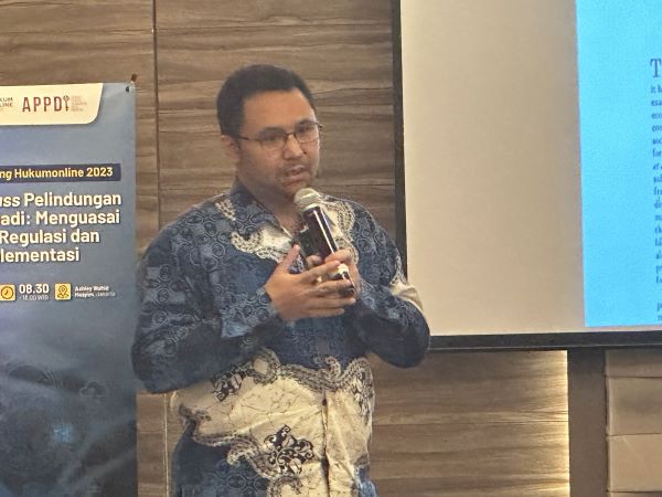 Harzy Randhani Irdham dari Asosiasi Praktisi Pelindungan Data Indonesia (APPDI) dalam Training Hukumonline 2023 bertajuk 'Masterclass Pelindungan Data Pribadi: Menguasai Teori, Regulasi dan Implementasi', Selasa (3/10/2023). Foto: FKF