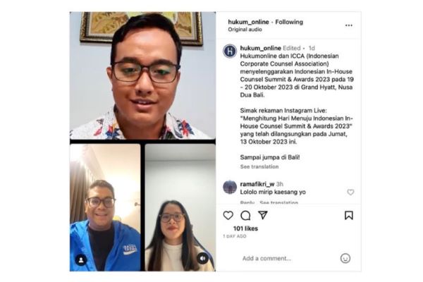 In-House Counsel Anggota ICCA Tri Junarto dan Allicia Lisda dalam sesi Instagram Live Hukumonline bertajuk 'Menghitung Hari Menuju Indonesian In-House Counsel Summit & Awards 2023', Jumat (13/10/2023).