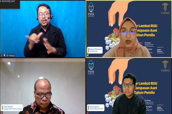 Diskusi bertajuk 'Jalur Lambat RUU Perampasan Aset di Tahun Pemilu', Kamis (2/11/2023). Foto: Tangkapan layar zoom