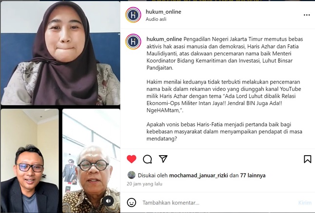 IG Live Headline Talks Hukumonline bertema Vonis Bebas Fatia-Haris Angin Segar Kebebasan Berpendapat Di Tanah Air?, Jumat (26/1). Foto: HOL